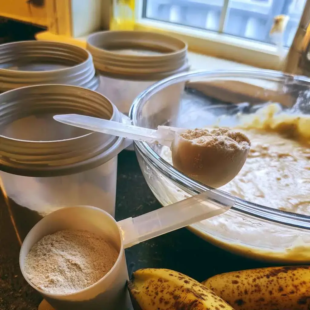 High protein banana muffins batter beside vanilla protein powder tubs and a leveled scoop