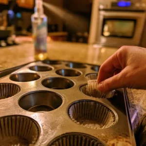 Lining a 12-cup muffin pan with liners to bake high protein banana muffins