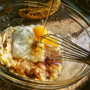 Mashed bananas mixed with Greek yogurt, eggs, and maple syrup for high protein banana muffins