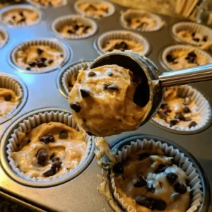 Scooping banana protein muffin batter into a lined muffin pan, filled three-quarters full