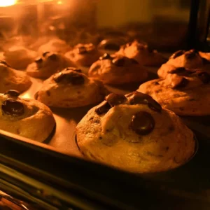 Golden high protein banana muffins with domed tops baking in the oven