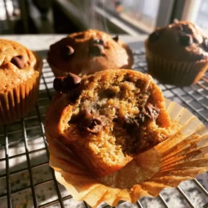 Freshly baked high protein banana muffins cooling on a wire rack, one peeled to show the fluffy crumb