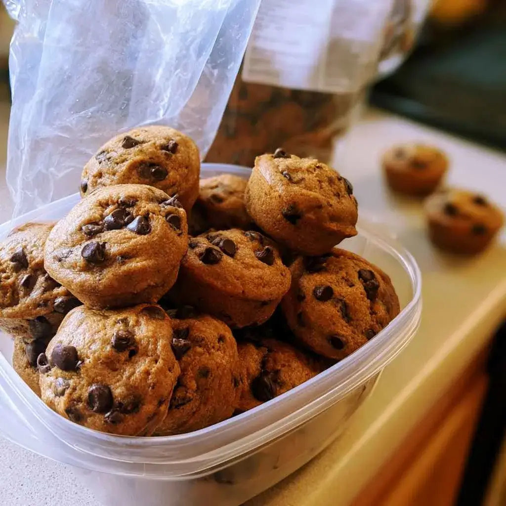 High protein banana muffins with chocolate chips packed into an airtight container and a freezer bag for storage