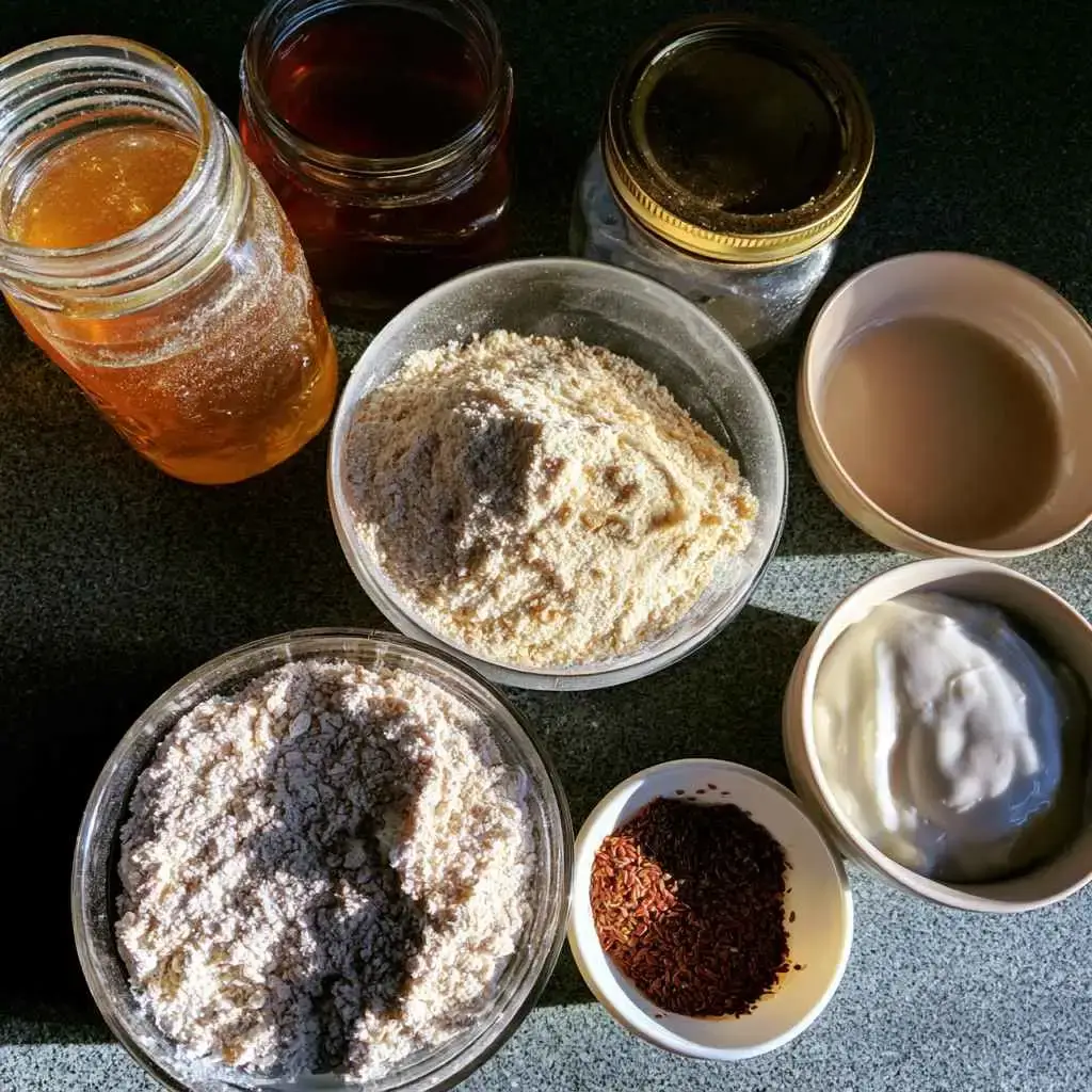 High protein banana muffins ingredient substitutions including oat flour, almond flour, honey, maple syrup, and flax eggs