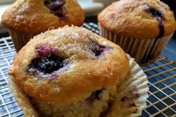 High protein blueberry muffins with tall domed tops and coarse sugar cooling on a wire rack
