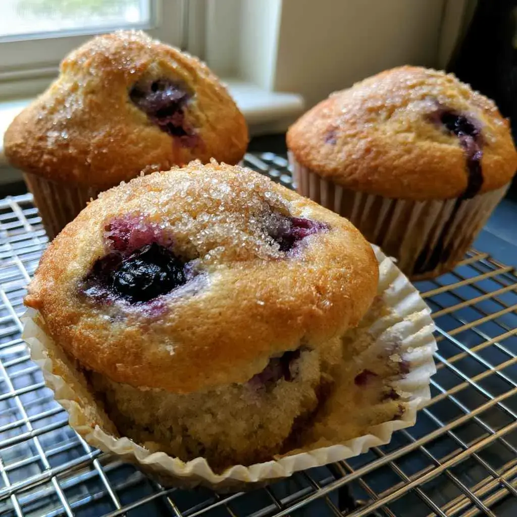 High protein blueberry muffins with tall domed tops and coarse sugar cooling on a wire rack