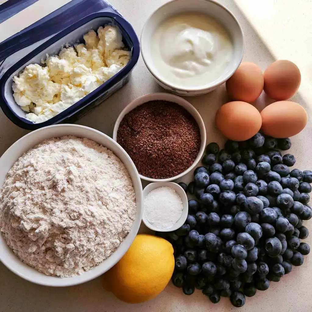 Ingredients for high protein blueberry muffins including cottage cheese, Greek yogurt, eggs, flaxseed and blueberries
