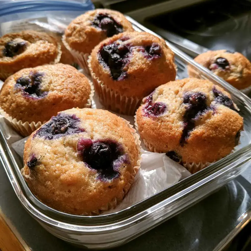 High protein blueberry muffins stored in an airtight container and a freezer bag for meal prep