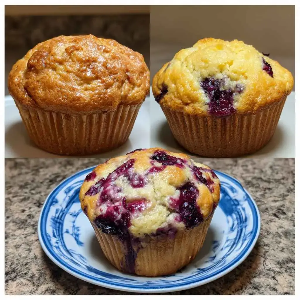 High protein blueberry muffins comparison showing a domed muffin next to a sunken and a flat-topped one
