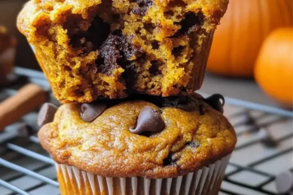 High protein pumpkin muffins stacked on a cooling rack, one split open to show a moist crumb