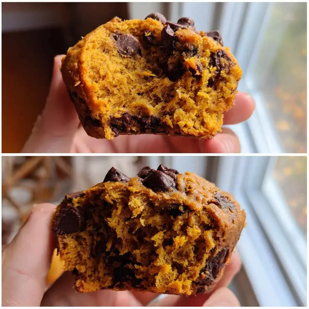 Moist high protein pumpkin muffins torn open, showing how to avoid dry or bland results