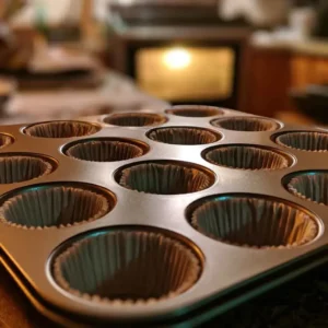 Muffin pan lined with paper liners ready for high protein pumpkin muffins batter