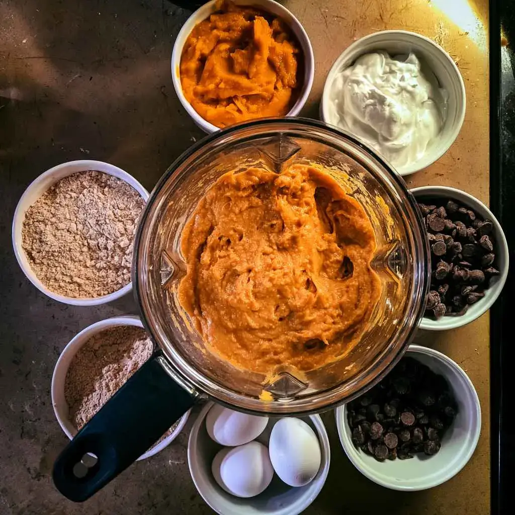 Making high protein pumpkin muffins — thick pumpkin batter and ingredients ready to bake