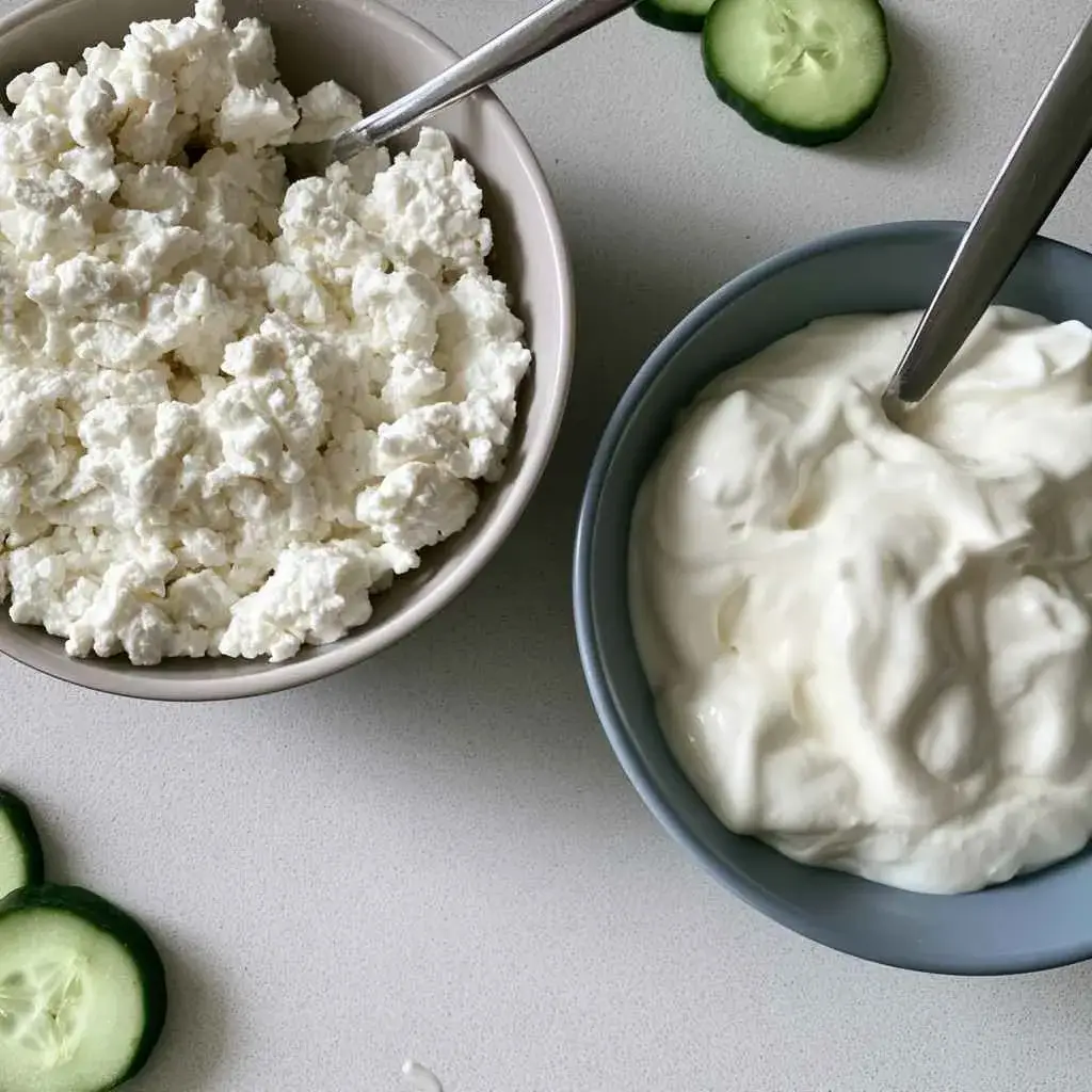 Cottage cheese and Greek yogurt side by side as creamy base options for high protein cucumber salad
