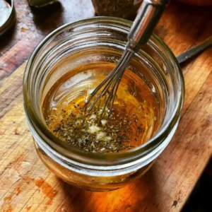 Whisking red wine vinaigrette dressing in a jar for high protein bean salad