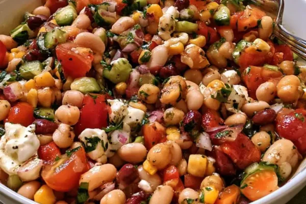 High protein bean salad in a large bowl with chickpeas, kidney beans, cannellini beans, feta and veggies