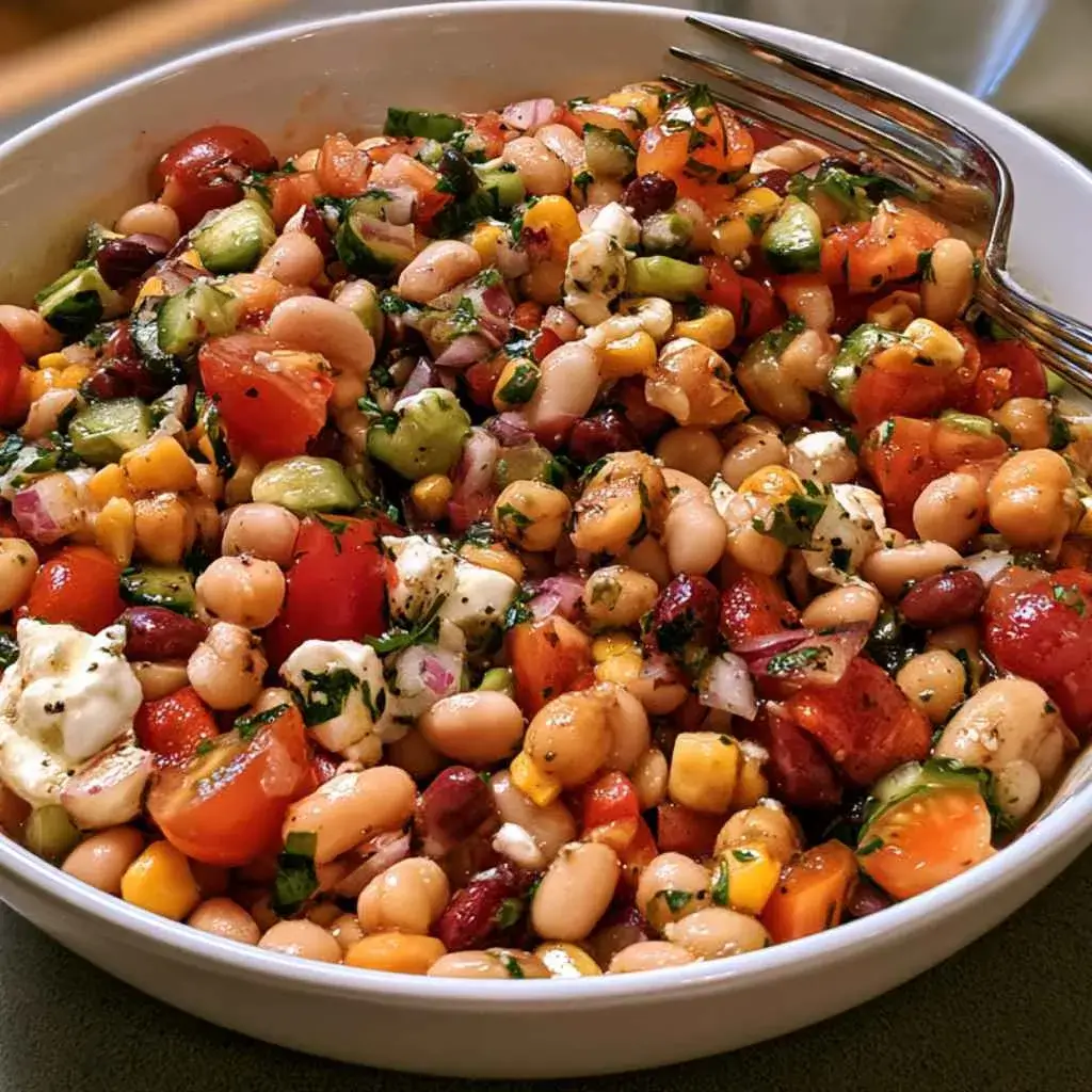 High protein bean salad in a large bowl with chickpeas, kidney beans, cannellini beans, feta and veggies