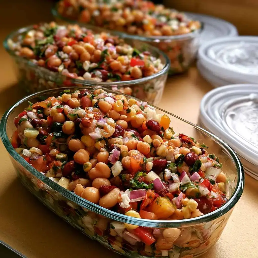 High protein bean salad portioned into meal prep containers