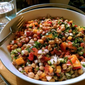 A single serving of high protein bean salad in a white bowl with a fork