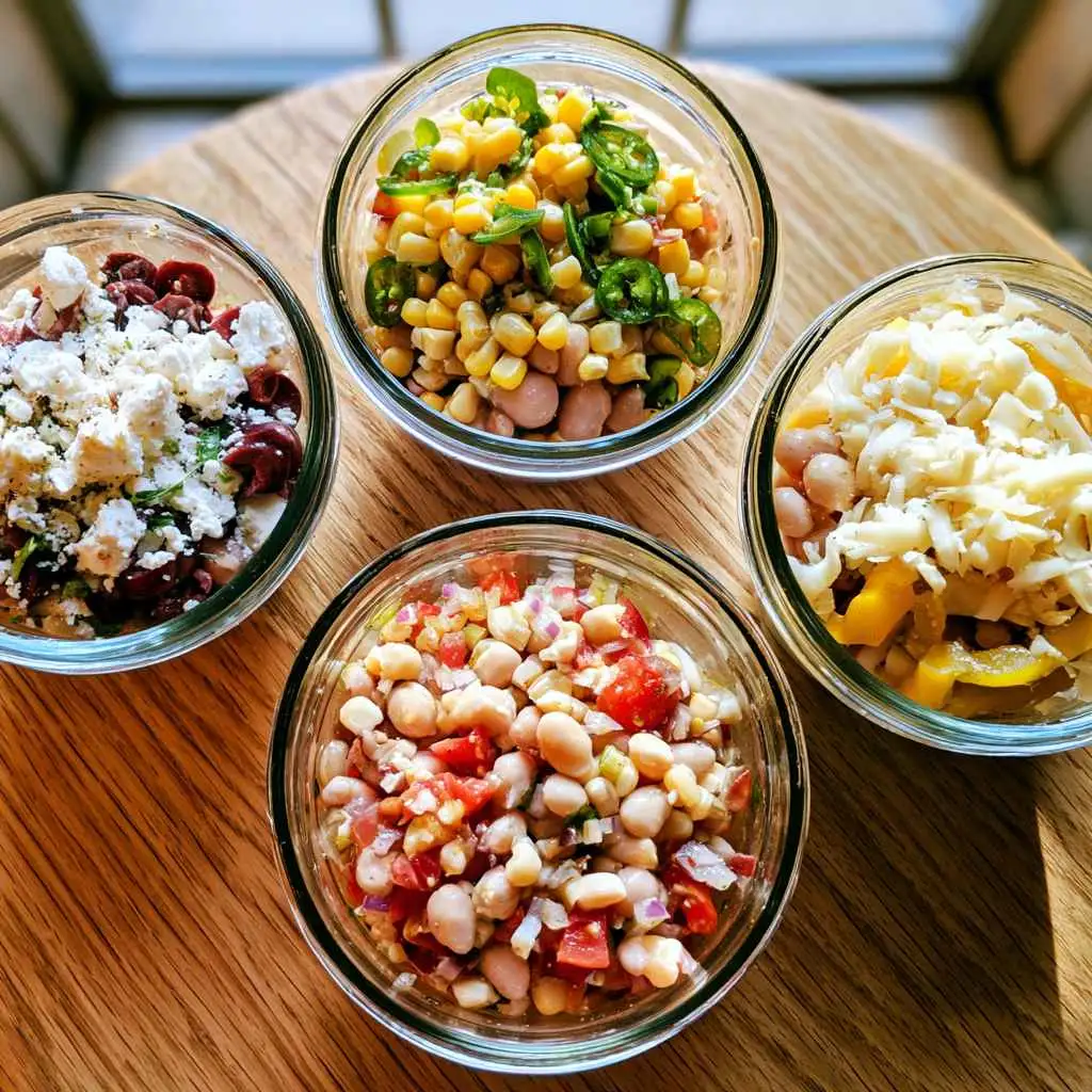 Three flavor variations of high protein bean salad including Mediterranean, Southwest and grinder style