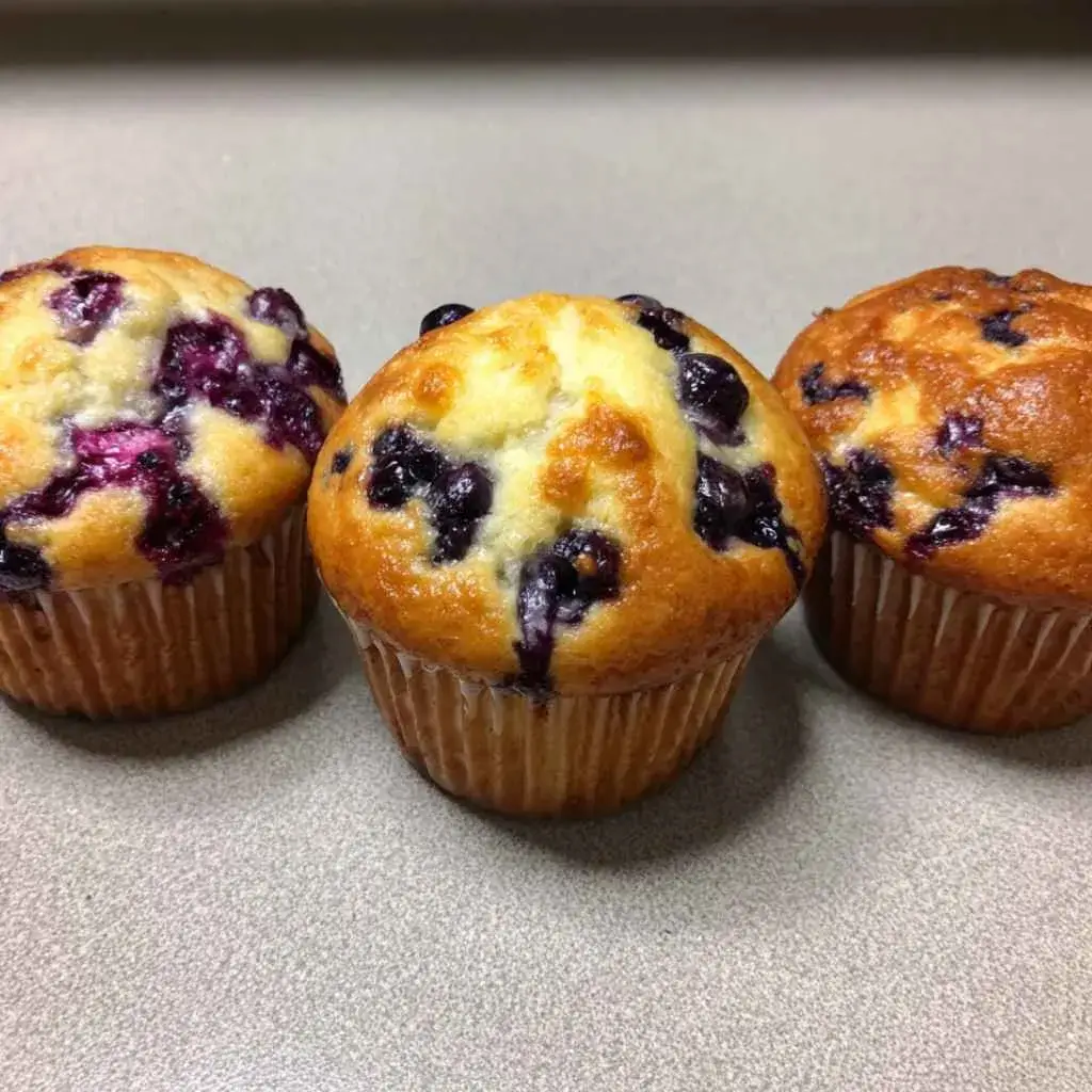 High protein blueberry muffins with tall bakery-style tops bursting with blueberries on a white plate