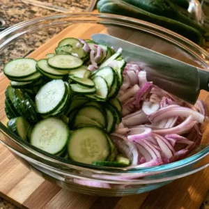 Thinly sliced cucumbers and red onion in a bowl for high protein cucumber salad