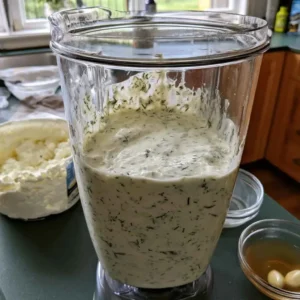 Blender with creamy cottage cheese dressing for high protein cucumber salad