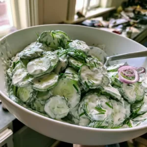 Finished high protein cucumber salad served with a spoon and fresh dill