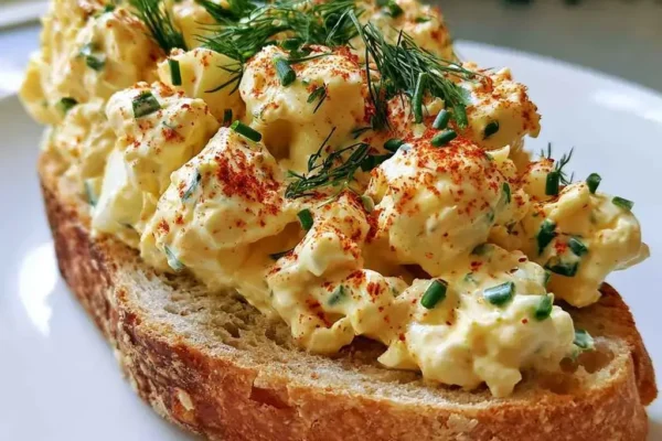 High protein egg salad piled on toasted sourdough, topped with fresh dill, chives, and paprika