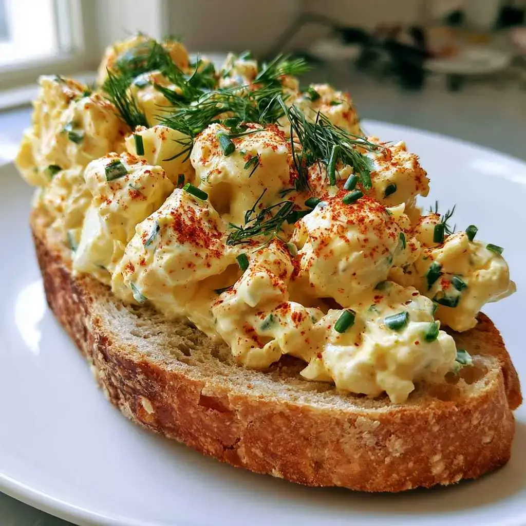 High protein egg salad piled on toasted sourdough, topped with fresh dill, chives, and paprika