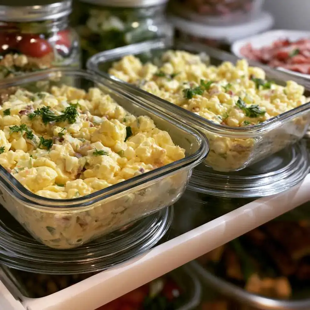 High protein egg salad portioned into glass meal-prep containers in the fridge