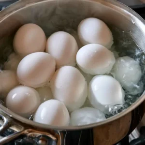 Eggs and egg whites boiling in a saucepan for high protein egg salad