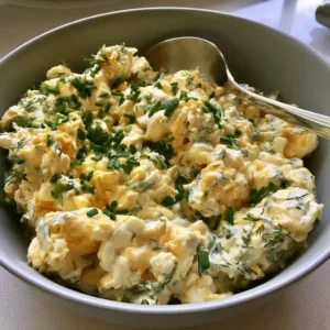Finished creamy high protein egg salad with dill and chives in a bowl
