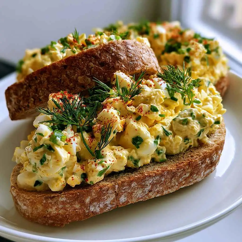 A spoonful of creamy high protein egg salad showing its thick texture, with Greek yogurt and cottage cheese behind