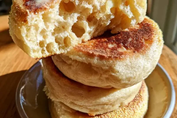 High protein english muffins dusted with cornmeal, stacked on a plate with one split open to show the airy interior