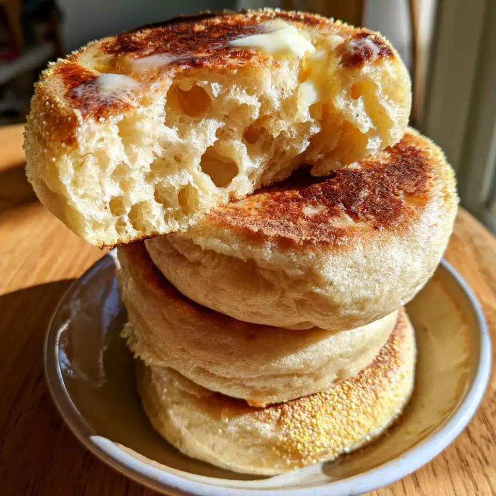 High protein english muffins dusted with cornmeal, stacked on a plate with one split open to show the airy interior