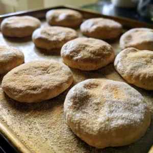 Cornmeal-dusted high protein english muffin rounds resting on a sheet pan before cooking