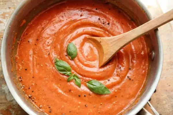 Bowl of creamy high protein pasta sauce tossed through rigatoni and topped with basil