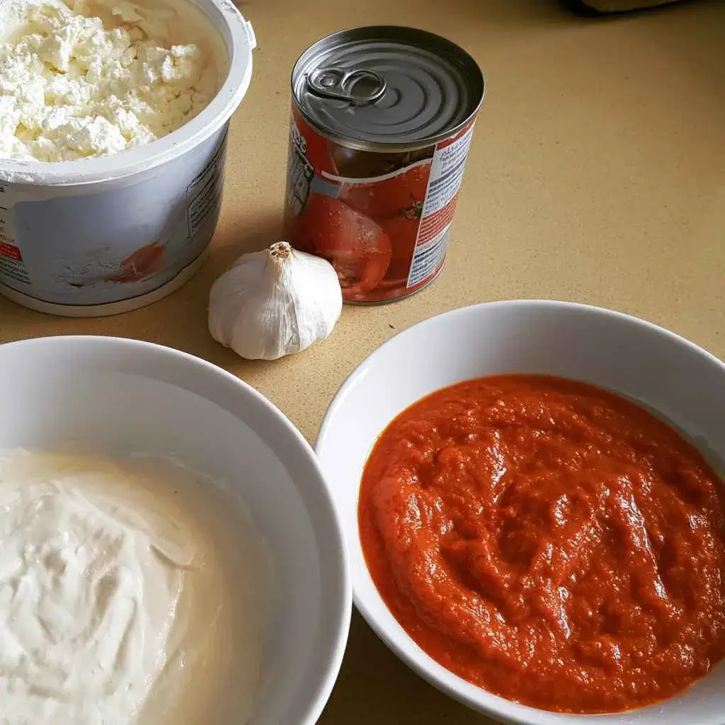 Cottage cheese and tomatoes beside a bowl of smooth high protein pasta sauce