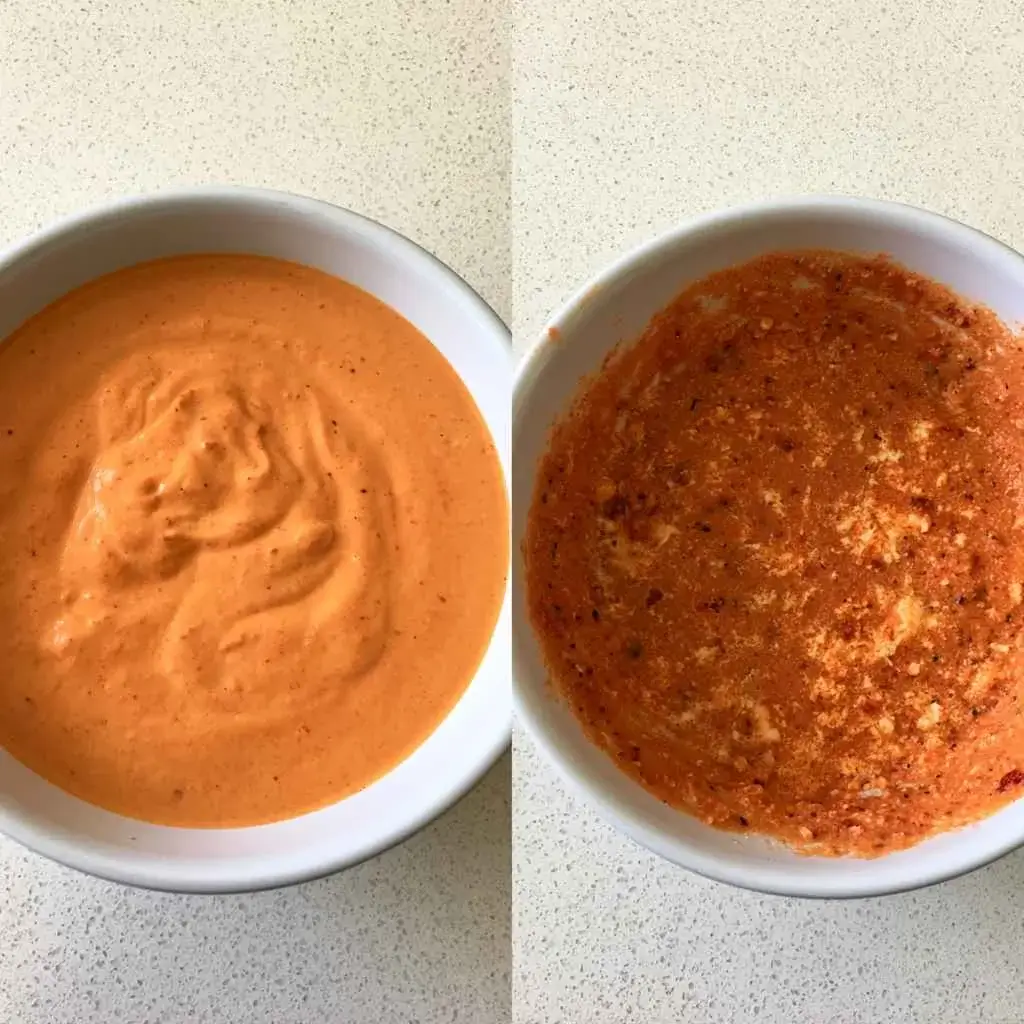 Smooth versus curdled cottage cheese sauce showing how to keep high protein pasta sauce creamy