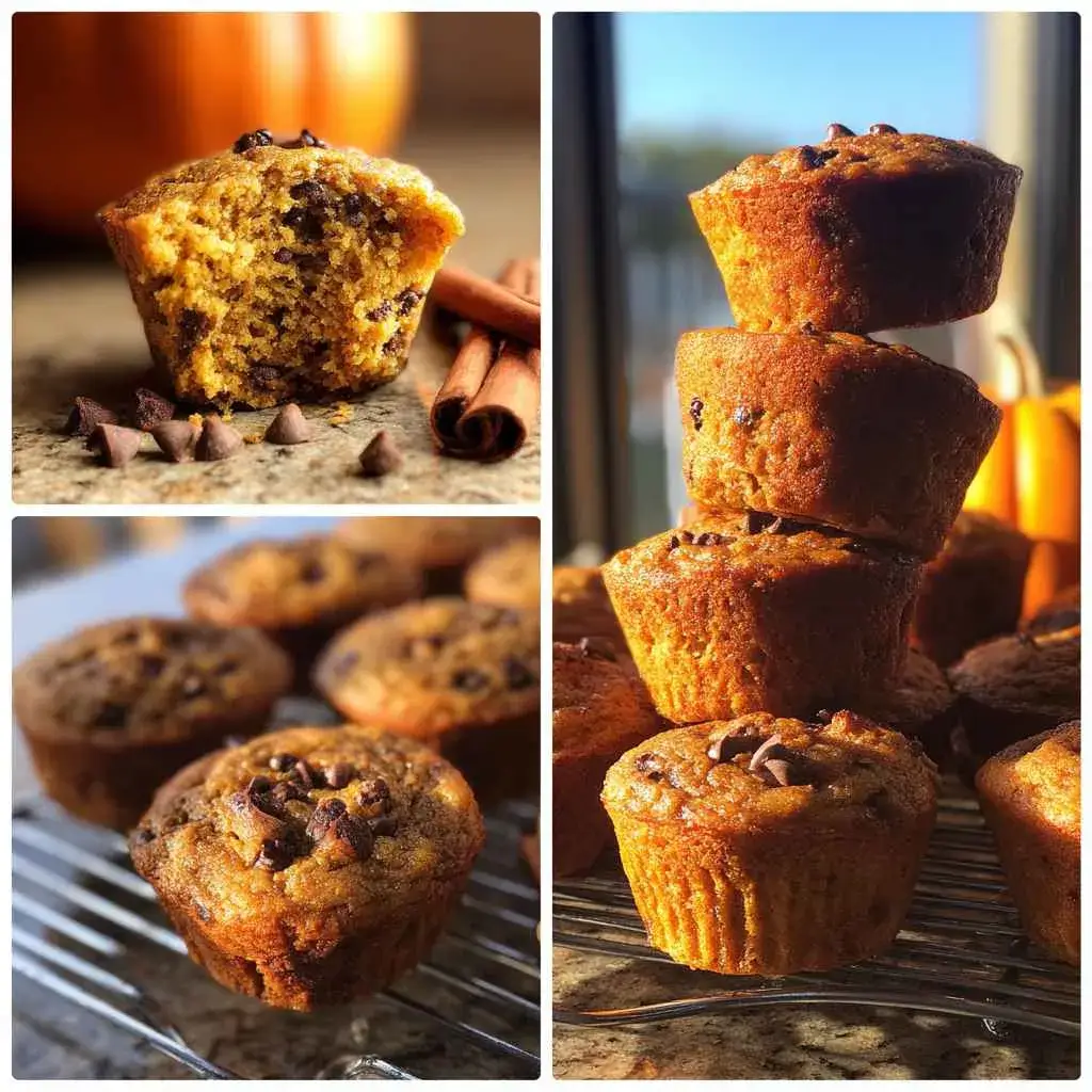 Moist high protein pumpkin muffins dusted with cinnamon on a wooden board with a small pumpkin behind