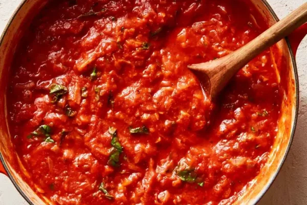 Bowl of creamy high protein red sauce pasta topped with fresh basil and Parmesan