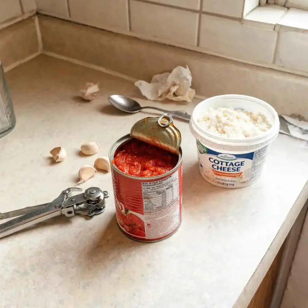 An open can of tomatoes and cottage cheese on a counter, the start of high protein red sauce pasta