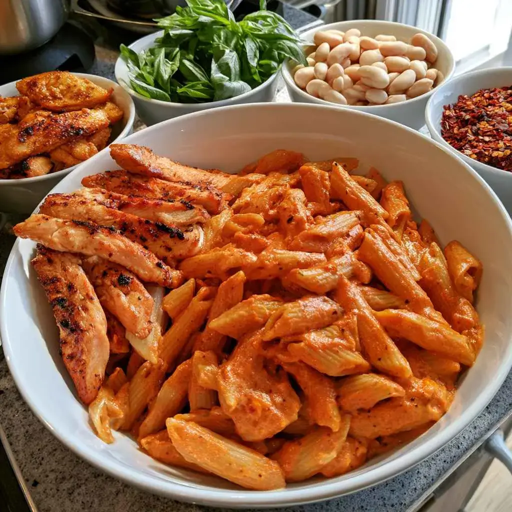 Three variations of high protein red sauce pasta with chicken, beans, and chili toppings