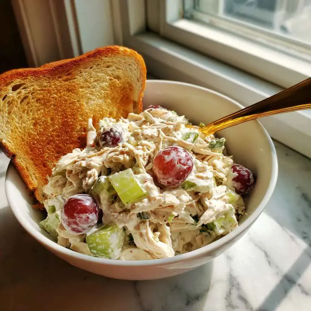 High Protein Salads Recipe 1 : salad with Greek yogurt, grapes and almonds in a white bowl
