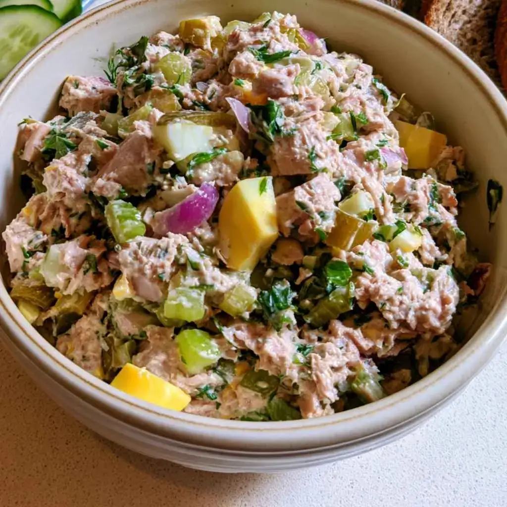 High Protein Salads Recipe 1 : salad made without mayo, bound with Greek yogurt, over greens