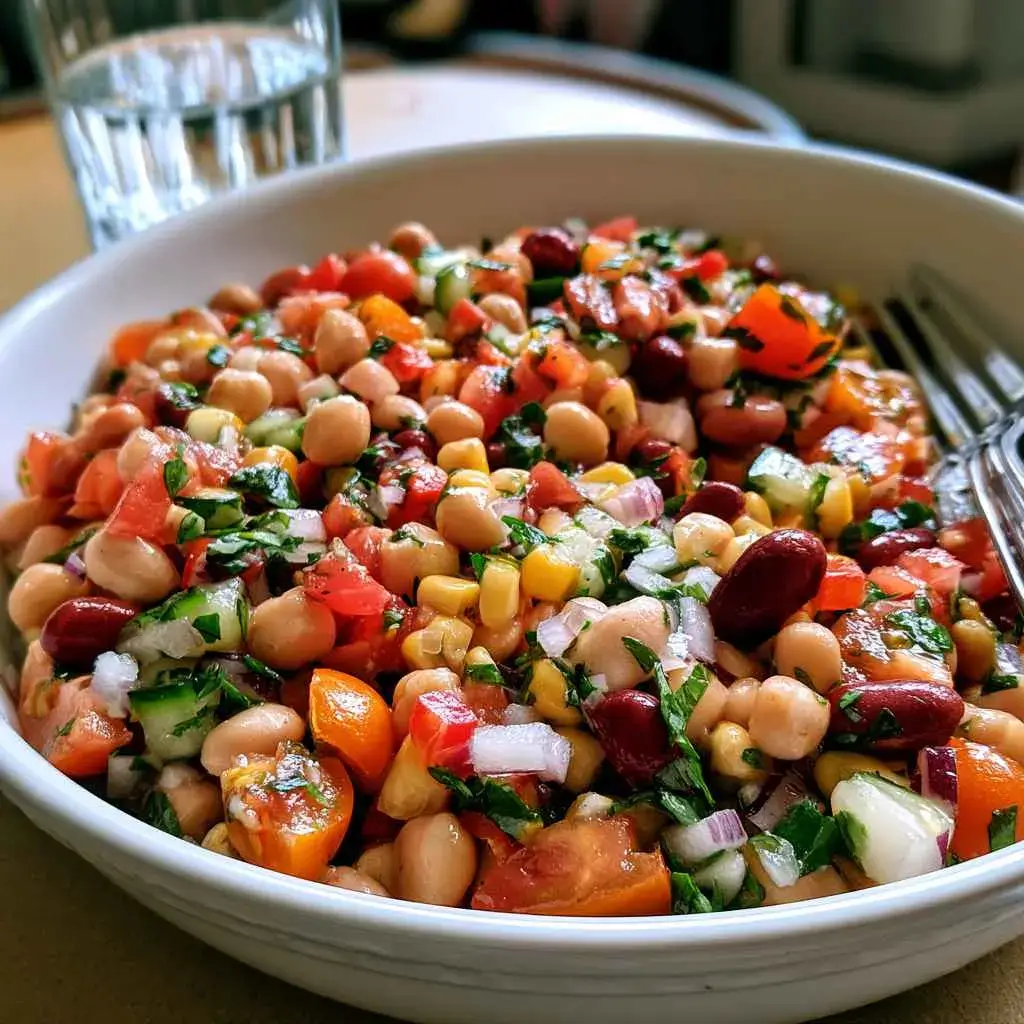 High Protein Salads Recipe 1 : salad with mixed beans, peppers and onion in a light vinaigrette