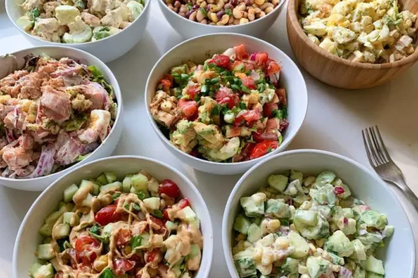Seven high protein salad recipes in bowls on a kitchen counter, from chicken to vegan
