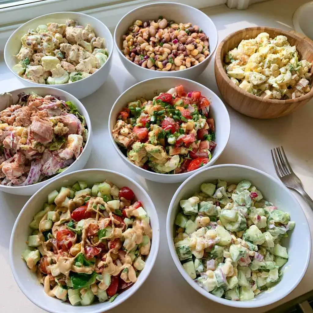Seven high protein salad recipes in bowls on a kitchen counter, from chicken to vegan