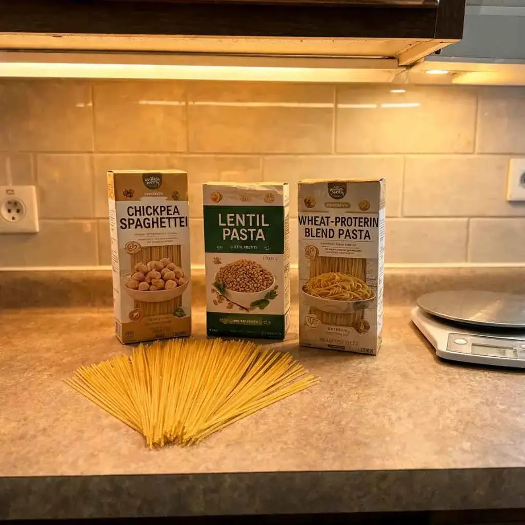 Boxes of protein pasta and dry noodles showing how much protein is in high protein spaghetti